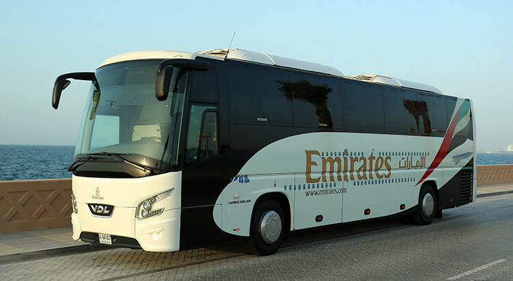 Luxurious coach bus for rent in Dubai, perfect for weddings, tours, and corporate events.