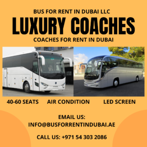 A white luxury coach with the words "Luxury Coaches Bus for Rent in Dubai LLC" displayed on the side.