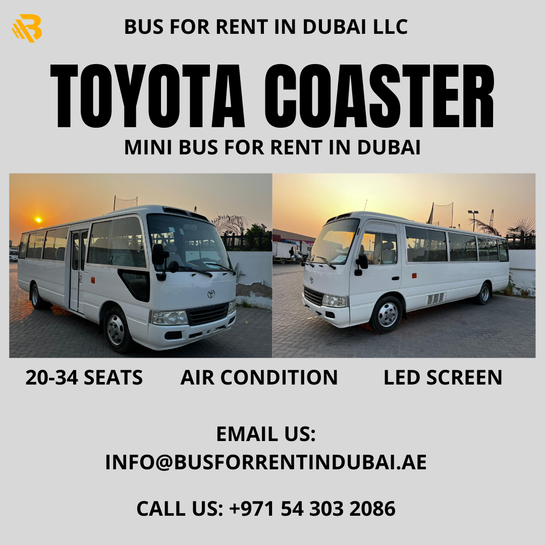 Toyota Coaster minibus rental advertisement with contact information.